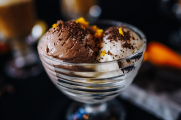beautifully served coffee with ice cream and decoration by barista