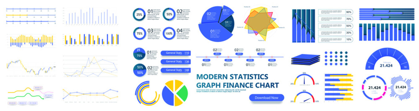 Modern infographic template with stock diagrams and statistics bars, line graphs and charts for finance report. Diagram template and chart graph, graphic information visualization. UI, UX, GUI. Vector