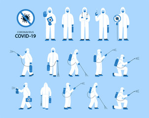 Set of isolated vector illustrations in flat style. Man in white hazmat suit, mask. Disinfection, decontamination in public places. Stop coronavirus. Doctors, nurses, healthcare workers, medical staff