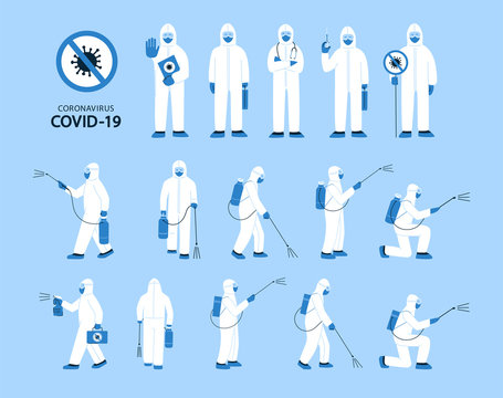 Set Of Isolated Vector Illustrations In Flat Style. Man In White Hazmat Suit, Mask. Disinfection, Decontamination In Public Places. Stop Coronavirus. Doctors, Nurses, Healthcare Workers, Medical Staff