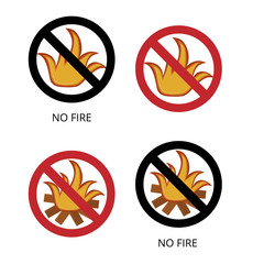No fire signs. Collection of flat alarm emblems with fire. Vector illustration