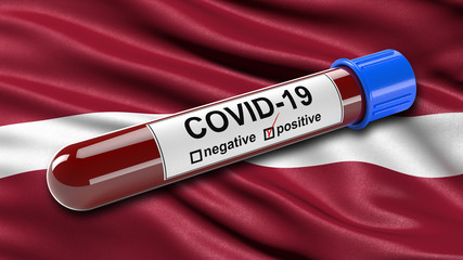 Obraz premium Flag of Latvia waving in the wind with a positive Covid-19 blood test tube. 3D illustration concept for blood testing for diagnosis of the new Corona virus.