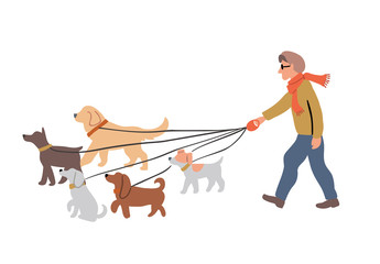 man dog walking with dogs breeds illustration