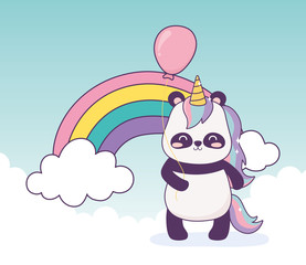 panda with unicorn and balloon rainbow decoration cartoon