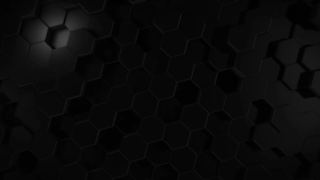 An abstract hexagonal geometric black surface cyclically moves in virtual space. Chaotic vibrations of geometric shapes. Creating a dynamic wall of hexagons
