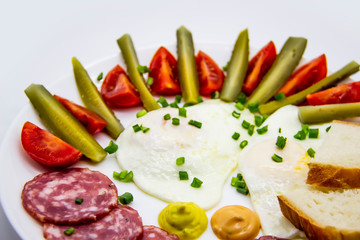Delicious breakfast with eggs, salami, cucumbers, cherry tomatoes, slices of loaf, sauces and green onion on top on a white plate. Healthy and tasty meal for breakfast or lunch.