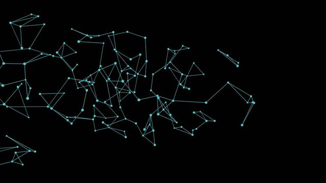 Abstract dynamic lines and dots connections crosses the screen from left to right - futuristic black background 3D animation 