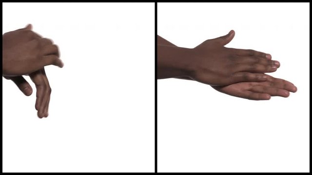 Vertical collage of caucasian man sharing disinfectant of different types on African American male hands. United affords in Covid-19 fighting. Isolated, on white background