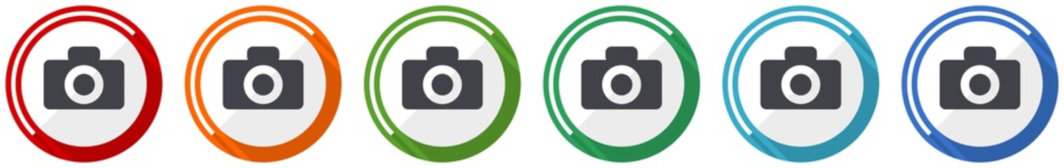 Camera icon set, flat design vector illustration in 6 colors options for webdesign and mobile applications