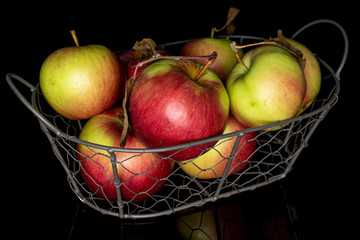 Lot of whole fresh garden apple in basket isolated on black glass
