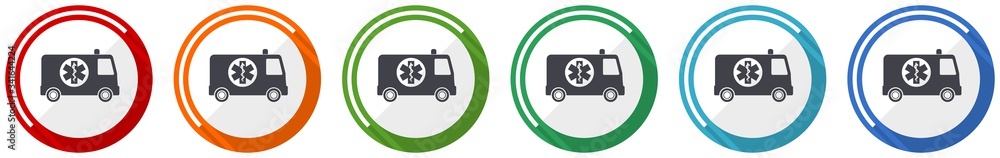 Poster Ambulance icon set, flat design vector illustration in 6 colors options for webdesign and mobile applications