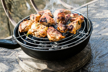 
Frying meat in a pan