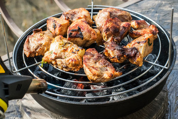 
Frying meat in a pan