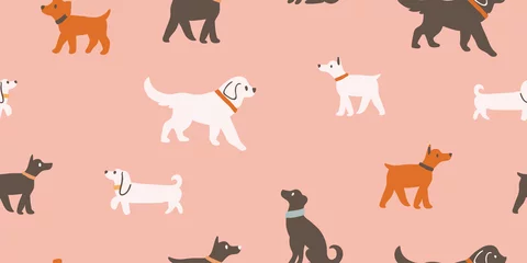 Keuken foto achterwand Honden naadloos patroon met schattige honden geïsoleerd op roze