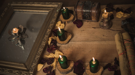 Magic attributes for rituals and fate prediction, details on a table of witch, occultism concept