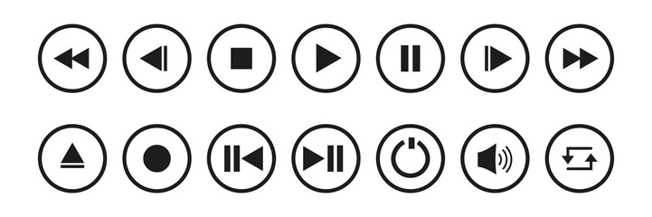 Media player button set for mp3, smartphone or web. With 14 icons. Isolated vector collection.
