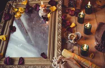Magic attributes for rituals and fate prediction, details on a table of witch, occultism concept