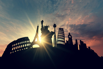 Famous travel destination silhouette, New York, Rome, London, Paris. 3D Render
