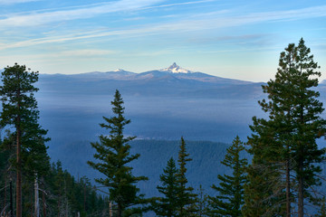 Mountain view with forest and Mt Washington in Central Oregon after sunrise.