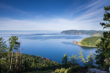 view of lake Baikal from the Chersky stone, the source of the Angara river in summer