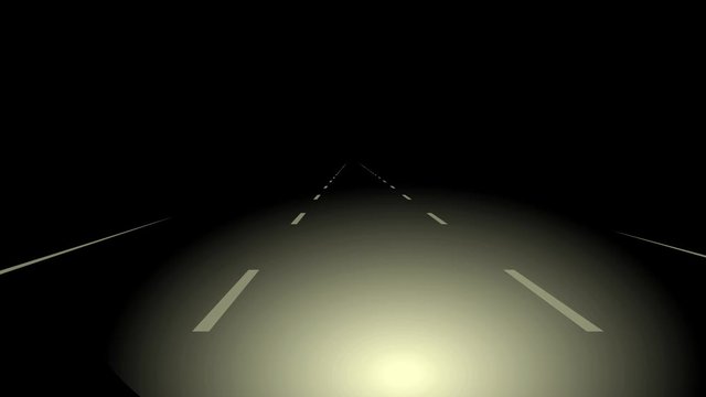 Night three lines highway view from driver seat in headlight looped animation
