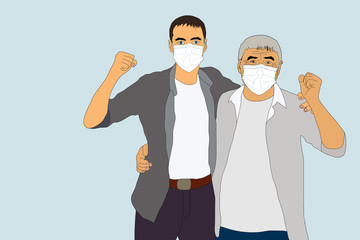 father and son wearing a protective face mask, coronavirus covid-19 prevention
