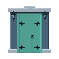 Old Double Green Door in Vintage Style, Architactural Design Element Vector Illustration