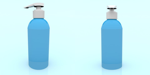 3d render front left view blue hand sanitizer bottles
