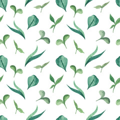 Seamless pattern, green grass, watercolor painting. Sprouts and young leaves.