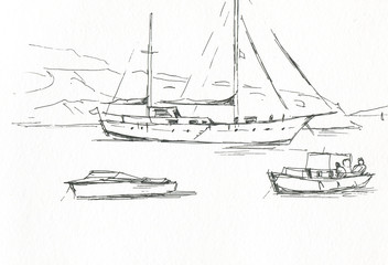 yacht and boat at sea sketch