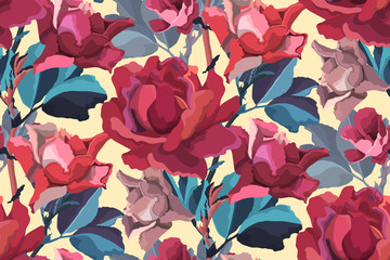 Fototapeta na wymiar Art floral vector seamless pattern. Red, burgundy, maroon garden rose, peony flowers and buds, blue branches and leaves isolated on light yellow background.