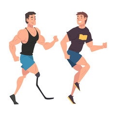 Obraz na płótnie Canvas Disabled Man Running with His Friend, Handicapped Man Doing Sports and Having Good Time, Person Enjoying Full Life Vector Illustration