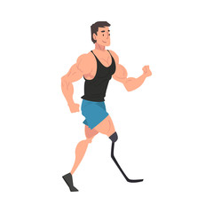 Fototapeta na wymiar Disabled Young Man Running, Male Athlete Character with Bionic Leg Prosthesis Jogging, Side View Vector Illustration