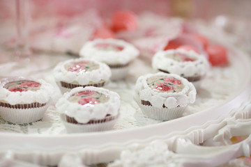 Candy Bar. Delicious sweet buffet with cupcakes. Sweet holiday buffet with cupcakes and other desserts.