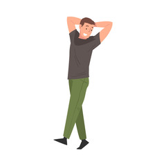 Cheerful Man in Casual Clothes Standing Throwing Hands Over His Head Vector Illustration