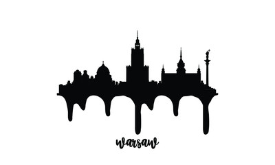 Warsaw Poland black skyline silhouette vector illustration on white background with dripping ink effect.