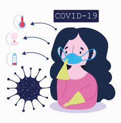 covid 19 coronavirus infographic, character with medical mask and symptoms cold fever and cough