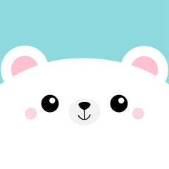 White bear head face square icon. Cute cartoon kawaii funny character. Pet baby print for notebook cover, greeting card. Happy Valentines Day. Flat design. Blue background.