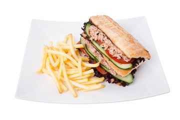 Tuna with Sandwich Garnished and French Fries.