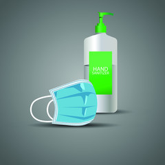 Alcohol Gel Hand Sanitizer and Disposable Hygienic or surgical Mask on gray background . Vector illustration .