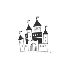 Big castle illustration. Vector sketch black and white object.