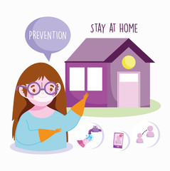 covid 19 coronavirus infographic, stay at home, girl with mask, prevention tips