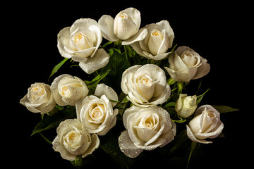Obraz na płótnie Canvas White roses in dew drops on a black background. Bouquet