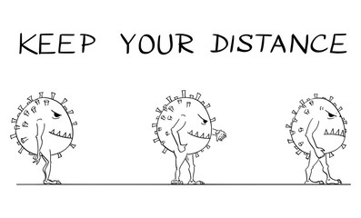 Vector cartoon stick figure drawing instructional illustration coronaviruses standing in line or how to be in queue during coronavirus COVID-19 epidemic. Keep your distance text.