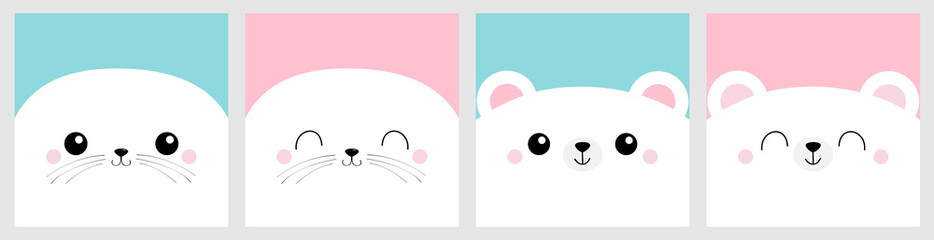Bear, harp seal pup. White Sea lion head face square icon set line. Pet baby print for notebook cover, greeting card. Cute cartoon kawaii funny character. Flat design. Pink background.