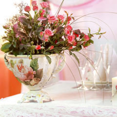 luxury wedding decorations with bench, candle and flowers composition on ceremony place