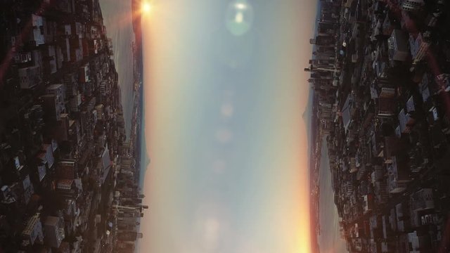 Waterfront City Aerial with Glowing Orange Sunset and Mirror Effect