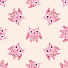 Cartoon owl seamless pattern. Cute bird background. Vector illustration. 