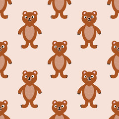 Cute cartoon bear in flat style seamless pattern. Woodland animal background. Vector illustration. 