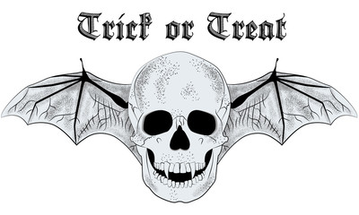 Hand drawn vampire skull with bat wings. Halloween trick or treat vector poster illustration